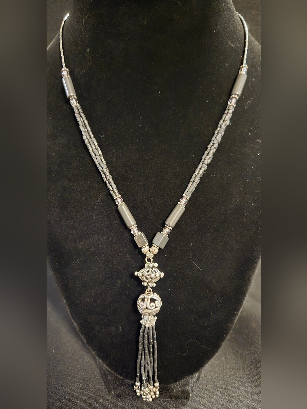 Silver-Tone Hematite Beaded Tassel Necklace - Elegant Women's Jewelry